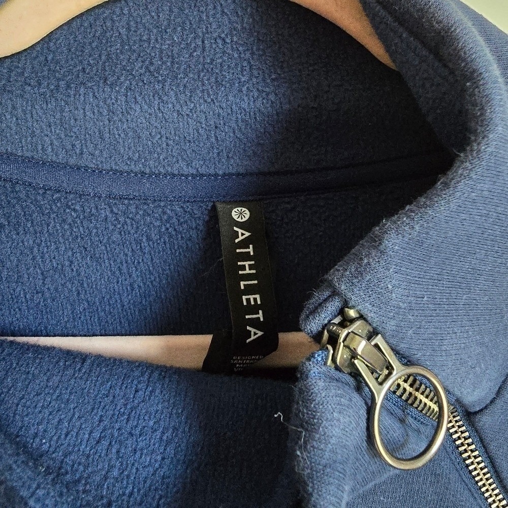Athleta Cozy Karma Navy Blue Funnel Neck Asymmetrical Pullover Sweatshirt Medium - Picture 7 of 12